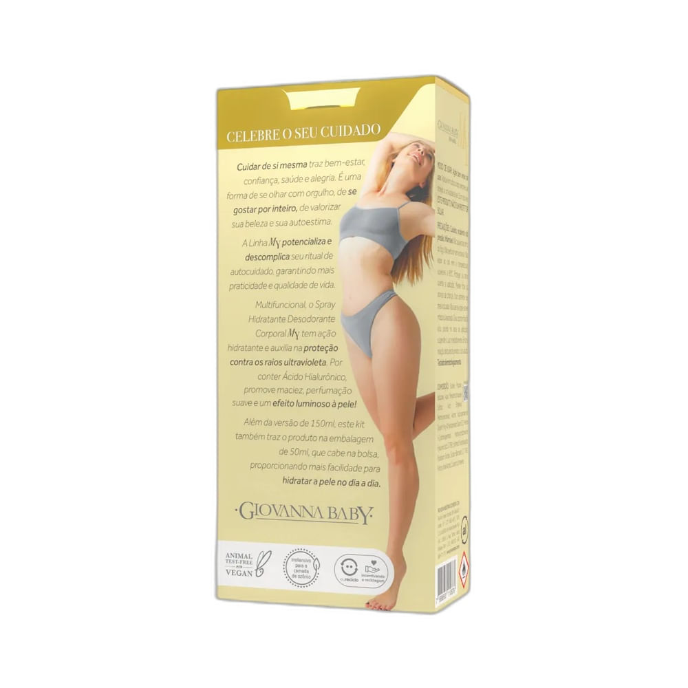 Parte traseira da embalagem do Kit Giovanna Baby Spray Corporal My Vanilla com texto descritivo e ícones vegano e cruelty-free